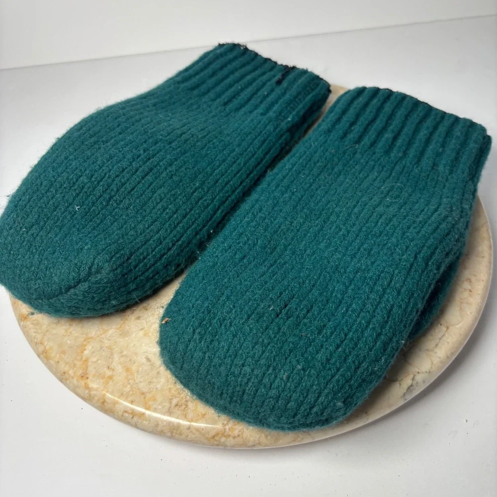 Vintage Wool Ribbed‎ Knit Mittens Large Teal Green Insulated Heavyweight Winter